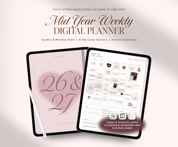 2026 2027 Mid Year Digital Planner, Portrait Planner, Goodnotes Planner, Weekly Planner, Ipad Planner, Dated Hyperlinked Planner