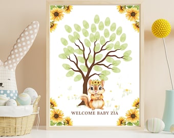 Zonnebloem babyshower gastenboek boom | Vingerafdrukaandenken (bewerkbare canva-sjabloon)