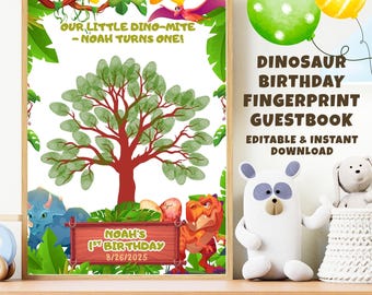 Dinosaur Birthday Fingerprint Guestbook: Personalized Dino Party Keepsake (Digital Download)