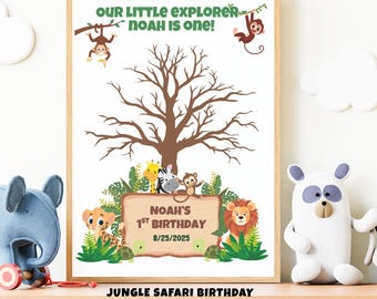 Jungle Safari Birthday Fingerprint Guestbook: Safari Animals Party Keepsake (Editable PDF)