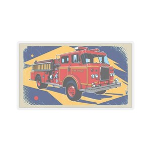 May include: A red fire truck illustration with the words "FIRE TRUCK" on the side. The truck is set against a background of yellow and blue geometric shapes with a distressed, vintage aesthetic.