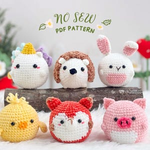 May include: A set of six crochet amigurumi patterns featuring a unicorn, hedgehog, bunny, chick, fox, and pig. The patterns are titled "No Sew PDF Pattern".