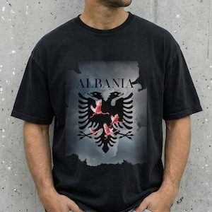 May include: A black short-sleeved t-shirt featuring a graphic print of the Albanian double-headed eagle emblem in black, overlaid with three pink flamingos in flight. The word ALBANIA is printed in black capital letters above the eagle emblem.