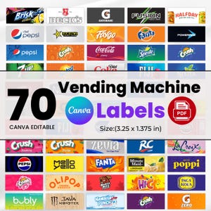 70 Etiketten für Automaten, Automaten Aufkleber, Sprudelwasser und Soda Etiketten, Softdrinks, Soda Automaten Etiketten, Getränkeautomat Etiketten