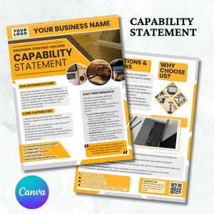 May include: A Capability Statement flyer in yellow and white, featuring the text "Your Business Name" and "Capability Statement." The document details differentiators, core capabilities, and past performance, with laptop images.