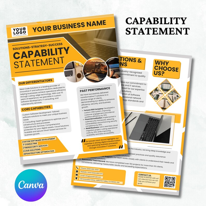 May include: A Capability Statement flyer in yellow and white, featuring the text "Your Business Name" and "Capability Statement." The document details differentiators, core capabilities, and past performance, with laptop images.