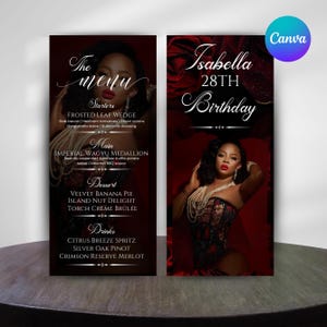 May include: Two elegant menu cards with a dark background. One card says "The menu" and lists starters, main courses, desserts, and drinks. The other card says "Isabella 28th Birthday" with a photo of a woman.
