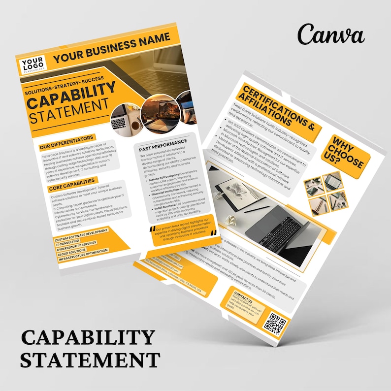 May include: Two-page document titled "Capability Statement" with a yellow and black design. The document includes sections on differentiators, core capabilities, and past performance. The Canva logo is visible in the upper right corner.