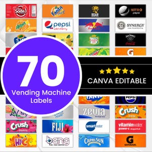 70 Etiketten für Automaten, Automaten Aufkleber, Sprudelwasser und Soda Etiketten, Softdrinks, Soda Automaten Etiketten, Getränkeautomat Etiketten