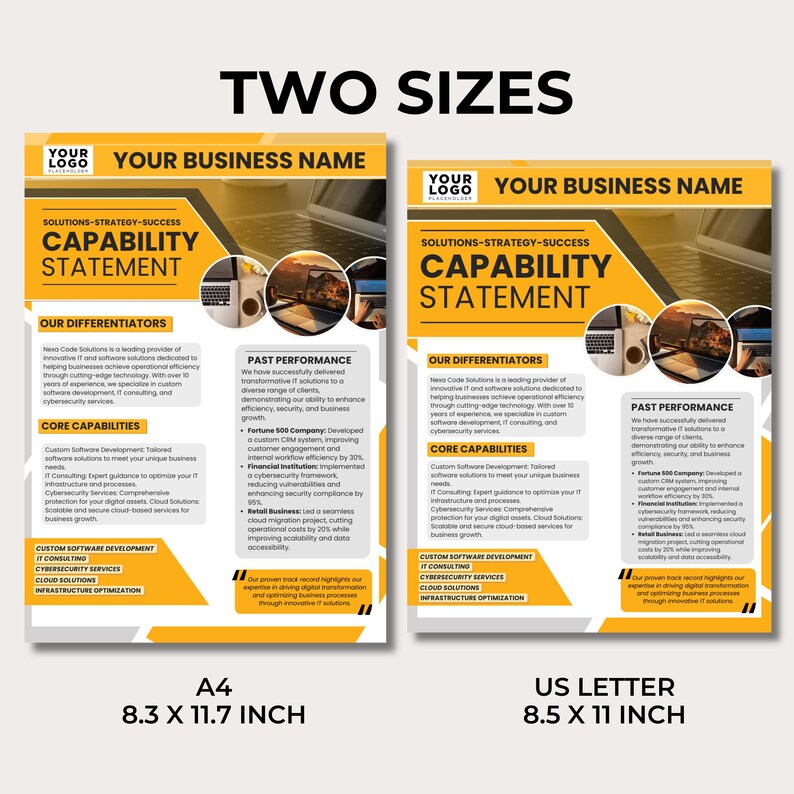 May include: Two flyers side-by-side, advertising a business's capability statement. The design uses a yellow and white color scheme with text and images. The flyer on the left is A4 size (21.0 x 29.7 cm), and the one on the right is US Letter size (21.6 x 27.9 cm).