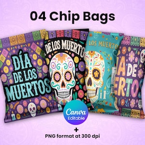 Bearbeitbare Tag der Toten Chipbeutelvorlage, Dia de los Muertos Partygeschenke, Zuckerschädel Leckerlibeutel, Fiesta Feier Dekor Digitaler Download