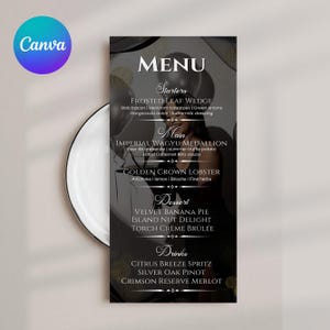 Menú de cumpleaños editable con imagen, menú con imagen completa y tarjeta de bebida, plantilla de menú de evento, menú de mesa de cena de cumpleaños, plantilla de Canva