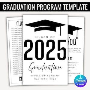 Plantilla de programa de graduación 2025, tarjeta de ceremonia editable, promoción 2025, programa de graduación de secundaria y universidad, descarga instantánea