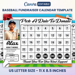 Baseball Fundraiser Calendar 2025, Pick a Date To Donate, Baseball Calendar Fundraiser Template, Baseball Donation Calendar, Cash Calender