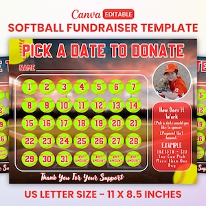 Softball Fundraiser Calendar 2025, Softball Calendar Fundraiser, Pick A Date To Donate, Softball Fundraiser Template, Cash Fundraiser, Canva