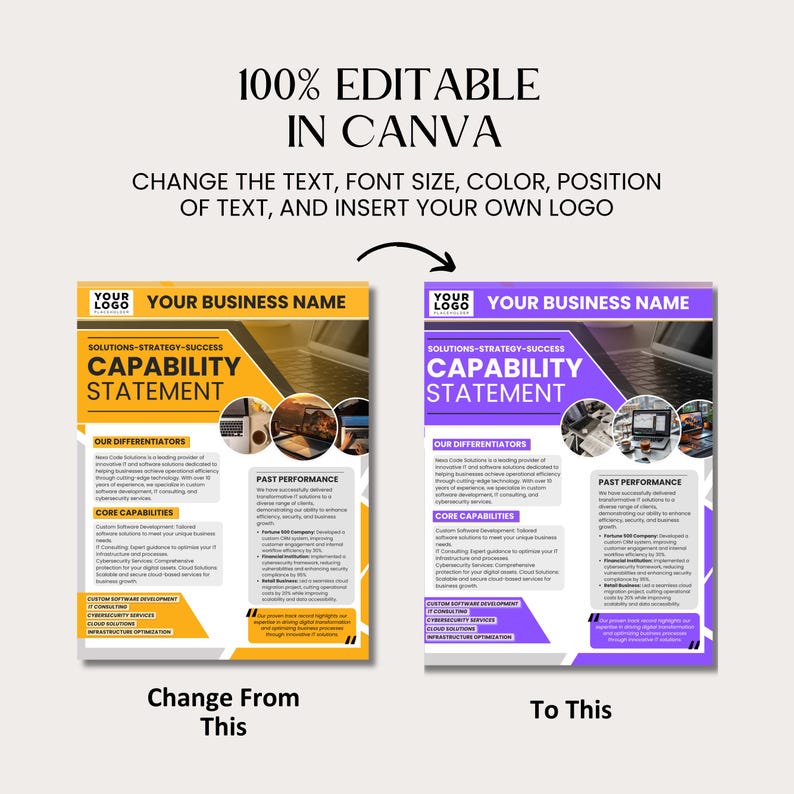 May include: Image of two flyers with the text "100% EDITABLE IN CANVA". The flyers are labelled "Change From This" and "To This". The flyers have the text "CAPABILITY STATEMENT".