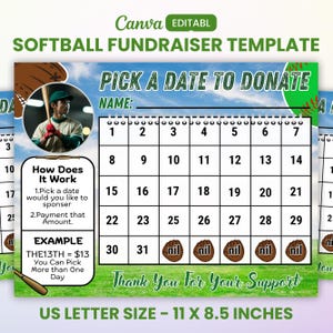 Softball Fundraiser Calendar 2025, Softball Calendar Fundraiser, Pick A Date To Donate, Softball Fundraiser Template, Cash Fundraiser, Canva