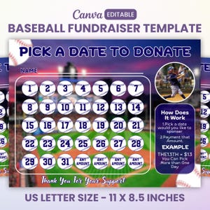 Baseball Fundraiser Calendar 2025, Pick a Date To Donate, Baseball Calendar Fundraiser Template, Baseball Donation Calendar, Cash Calender