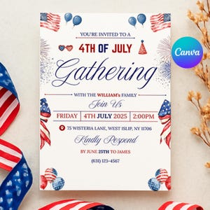 4th of July Party Invitation Template, Independence Day Party Invite, Patriotic Invite, USA Holiday, American Flag, Red White Blue Fireworks