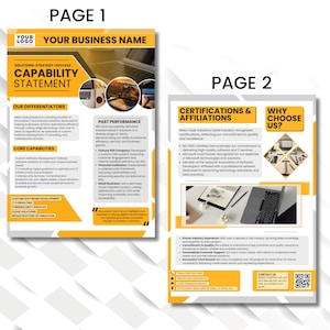 May include: A two-page document with a yellow and white design. Page 1 displays a logo, business name, and "Capability Statement." Page 2 highlights certifications, affiliations, and reasons to choose the business. The document showcases IT and software solutions.