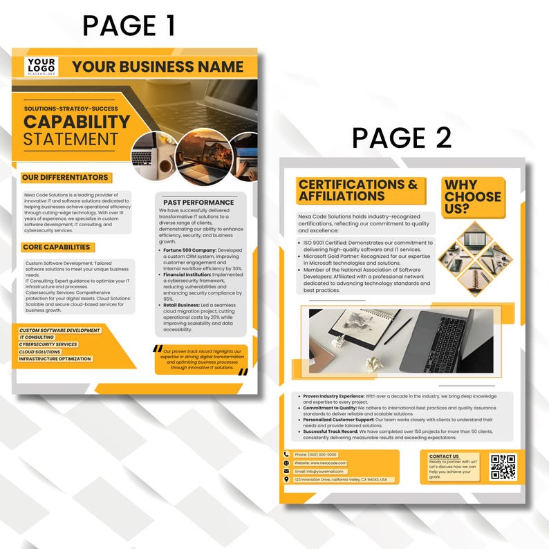 May include: A two-page document with a yellow and white design. Page 1 displays a logo, business name, and "Capability Statement." Page 2 highlights certifications, affiliations, and reasons to choose the business. The document showcases IT and software solutions.