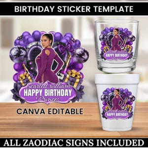 Styrofoam Cup Sticker Template,Editable Purple Champagne Bow Party Cup stickers Leo,Virgo,Libra Styrofoam Cup Design,Cup Sticker Template