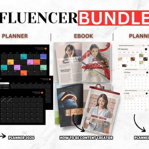 May include: An influencer bundle featuring a planner and an ebook. The planner has a black background with colourful squares and the text "January 2026" and "August 2026". The ebook covers have images of women and the text "How to be Content Creator".