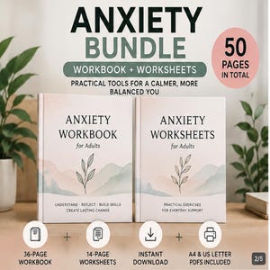 May include: Anxiety Bundle featuring a workbook and worksheets with 50 pages in total. The covers are light pink with a watercolor mountain landscape and a leaf illustration. Text includes Anxiety Workbook for Adults and Anxiety Worksheets for Adults, plus icons for 36-page workbook, 14-page worksheets, instant download, and A4 & US letter PDFs included.