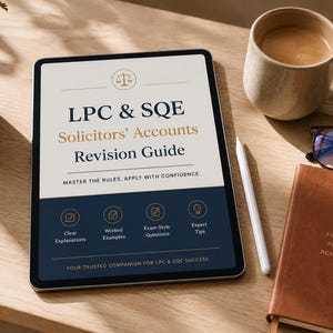 May include: A digital tablet displaying an LPC & SQE Solicitors' Accounts Revision Guide. The screen features text including Master the rules. Apply with confidence, Clear Explanations, Worked Examples, Exam-Style Questions, Expert Tips, and Your trusted companion for LPC & SQE success.