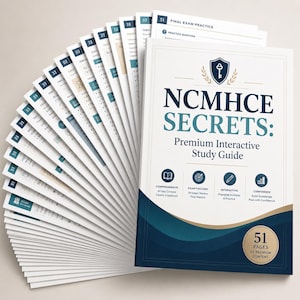 May include: A fan-folded NCMHCE SECRETS: Premium Interactive Study Guide with a white cover featuring a dark blue shield icon with a key, bold text, and four circular icons. The bottom right corner displays a gold circle stating 51 PAGES OF PREMIUM CONTENT.