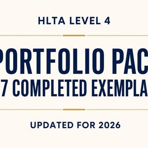 May include: A digital document cover featuring dark blue text on a cream background. The text reads HLTA LEVEL 4, PORTFOLIO PACK & 7 COMPLETED EXEMPLARS, and UPDATED FOR 2026. Two thin horizontal gold lines separate the main title from the other text.