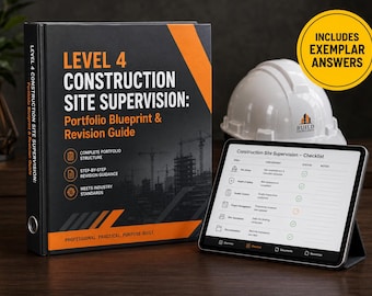 May include: A black and orange binder titled Level 4 Construction Site Supervision: Portfolio Blueprint & Revision Guide, a white hard hat with a logo, and a tablet displaying a Construction Site Supervision Checklist with a yellow circular badge.