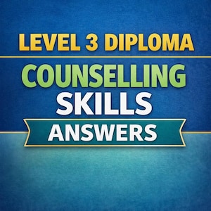 May include: A graphic design featuring the text LEVEL 3 DIPLOMA in yellow, COUNSELLING SKILLS in light green, and ANSWERS in white on a teal ribbon banner. The background is a textured blue gradient with horizontal lines separating the text sections.
