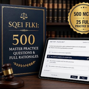 May include: A dark blue book titled SQE1 FLK1: 500 Master Practice Questions & Full Rationales with a gold scale icon, a wooden gavel, and a tablet displaying a legal multiple-choice question. A gold seal states 500 MCQs 25 Full Practice Sets.
