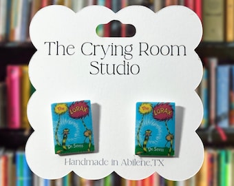 The Lorax Miniature Book Stud Earrings, Handmade Literacy Jewelry