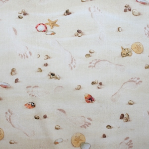 Seashell, Starfish Footprints in the Sand ~ Ocean Beach Fabric from Elizabeth&#39;s Studio &quot;Landscape Medley&quot; Collection 290SAND