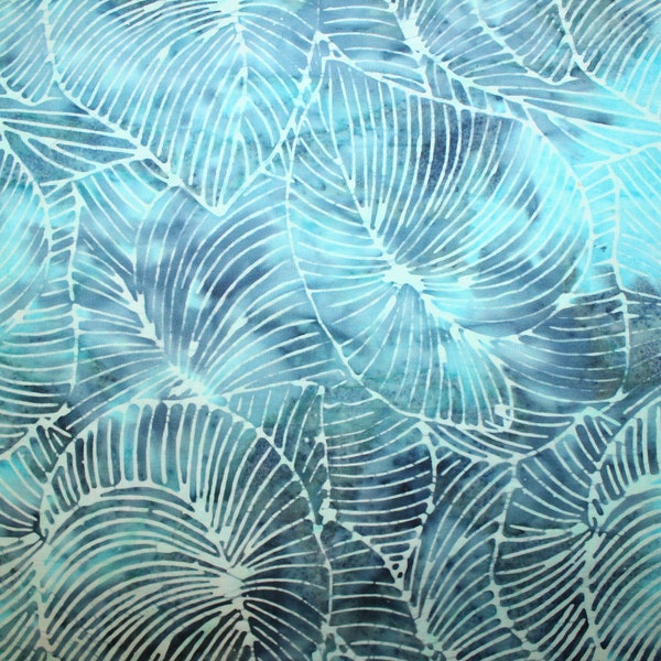 Timeless Treasures TONGA Batik ~ Large TROPICAL LEAF Aqua and Turquoise Batik ~ Sea Color