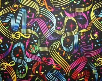 Timeless Treasure MUSIC Fabric ~ Bright Rainbow Colors on Black ~ Musical Fabric with Music Symbols Allover