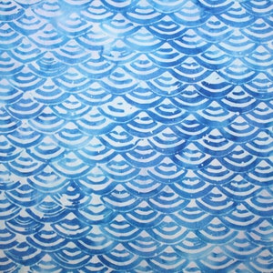 May include: A blue and white watercolor pattern with a repeating design of overlapping scales. The pattern is reminiscent of fish scales or waves.