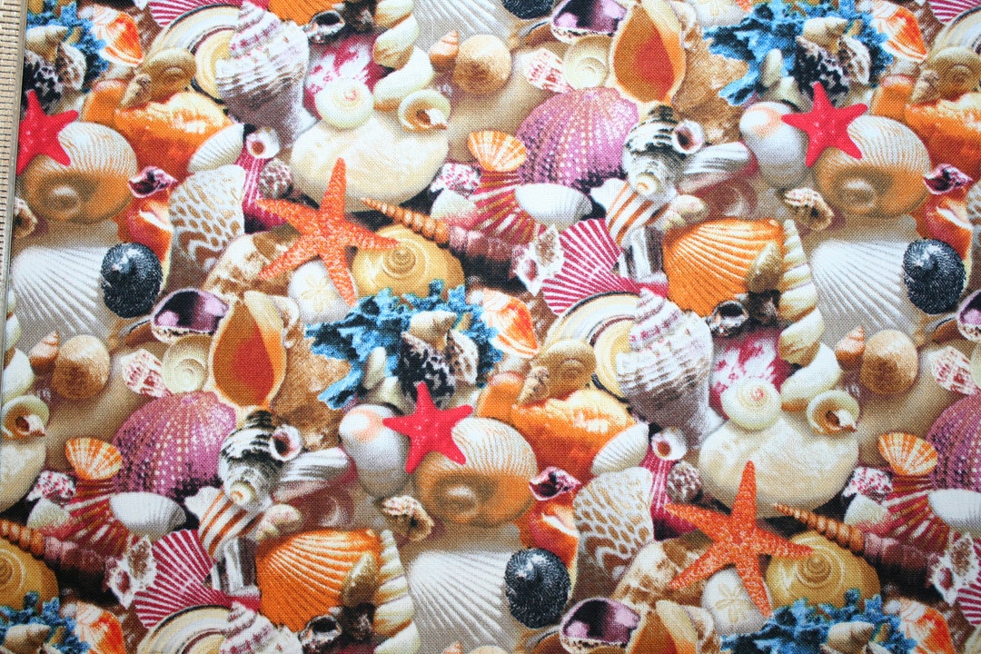 Ocean Shell Textiles Seashell & Starfish in the Sand ~ Ocean Beach Fabric From Elizabeth's ...