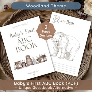 Puede incluir: Un libro ABC para bebés con temática de bosque. El libro presenta ilustraciones de animales del bosque y el texto "B is for Bear". La portada dice "Baby's First ABC BOOK" y "Made with Love".