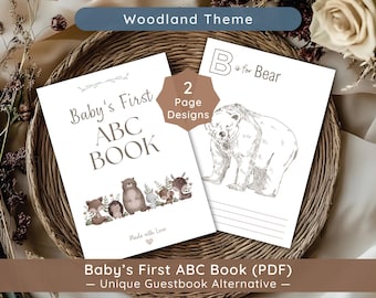 Woodland Baby Shower Activity: Printable Guest Book Alternative, Baby's First ABC Book Keepsake, Forest Animal Coloring Pages (PDF Download)