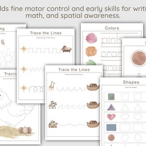 Peut inclure: Ensemble de feuilles de travail &eacute;ducatives pour enfants, comprenant des exercices de tra&ccedil;age, d'identification des couleurs et de reconnaissance des formes. Les feuilles de travail affichent les mots "Tracing", "Trace the Lines", "Colors" et "Shapes". L'image contient &eacute;galement le texte : "D&eacute;veloppe la motricit&eacute; fine et les premi&egrave;res comp&eacute;tences en &eacute;criture, en math&eacute;matiques et en conscience spatiale."