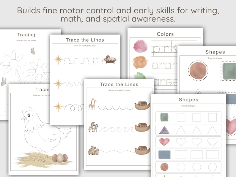 Peut inclure: Ensemble de feuilles de travail &eacute;ducatives pour enfants, comprenant des exercices de tra&ccedil;age, d'identification des couleurs et de reconnaissance des formes. Les feuilles de travail affichent les mots "Tracing", "Trace the Lines", "Colors" et "Shapes". L'image contient &eacute;galement le texte : "D&eacute;veloppe la motricit&eacute; fine et les premi&egrave;res comp&eacute;tences en &eacute;criture, en math&eacute;matiques et en conscience spatiale."