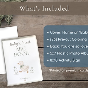 Keepsake baby ABC book with animals to color and a message area for guests. Fun and easy baby shower activity.