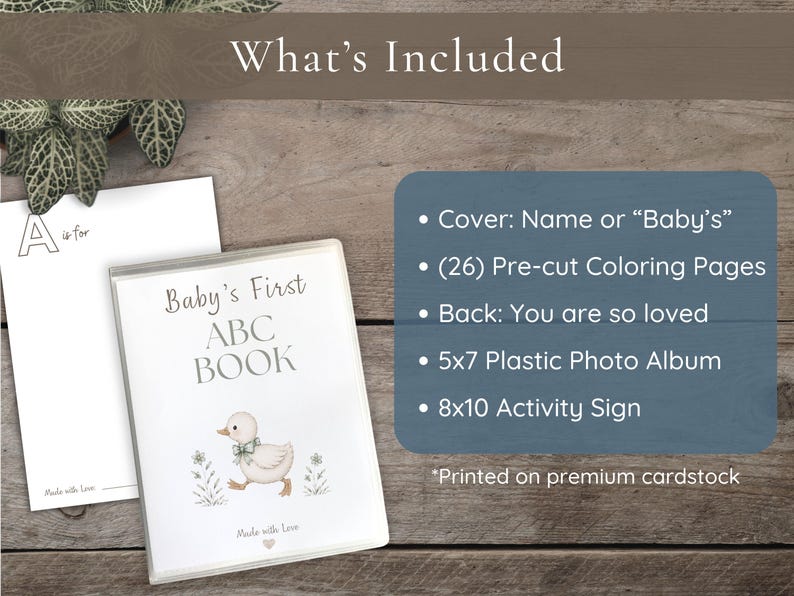 Keepsake baby ABC book with animals to color and a message area for guests. Fun and easy baby shower activity.