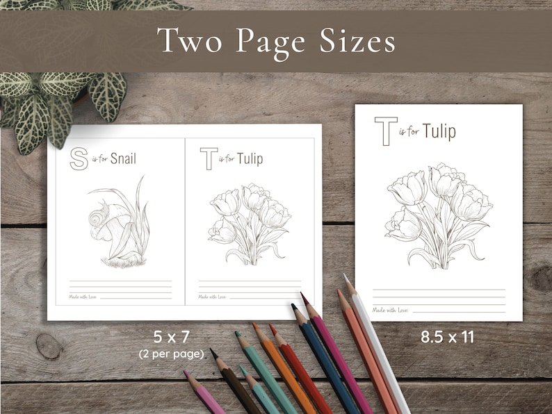 Visual comparison of the two provided PDF sizes. The 5x7 size is shown as two-per-page on a horizontal sheet with trim marks; the 8.5x11 size is a full-page vertical layout.