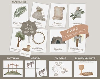 May include: A set of printable Holy Week flashcards for kids. The cards feature illustrations of palm branches, a crown of thorns, a chalice, a tomb, and a cross. The cards are labeled with the days of Holy Week, including Palm Sunday, Maundy Thursday, Good Friday, Saturday, and Easter Sunday. The set also includes matching, memory, coloring, and playdough mat activities.