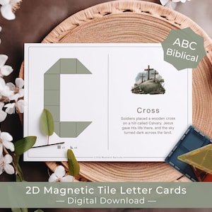 May include: A white card with the letter "C" made of green tiles, and the word "Cross" with an illustration of three crosses on a hill. The card is labeled "ABC Biblical" and "2D Magnetic Tile Letter Cards - Digital Download".