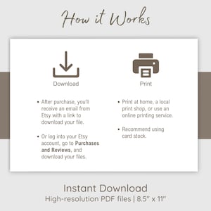 Peut inclure: Graphique explicatif &laquo;&nbsp;How it Works&nbsp;&raquo; pour le t&eacute;l&eacute;chargement et l'impression de fichiers PDF haute r&eacute;solution. L'image pr&eacute;sente des ic&ocirc;nes de t&eacute;l&eacute;chargement et d'impression, avec des instructions et des d&eacute;tails sur la taille des fichiers, 8,5" x 11".